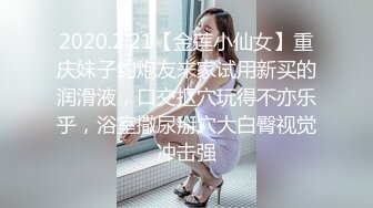 2020.2.21【金莲小仙女】重庆妹子约炮友来家试用新买的润滑液，口交抠穴玩得不亦乐乎，浴室撒尿掰穴大白臀视觉冲击强